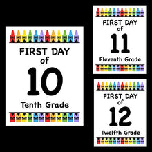 Load image into Gallery viewer, First Day of School Prints, 8&quot;x10&quot; Set of 3 - 10th Grade, 11th Grade, 12th Grade - Reusable Crayon Color Photo Prop for Kids Back to School Sign for Photos, Frame Not Included (8&quot; x 10&quot; Color, Set 5)