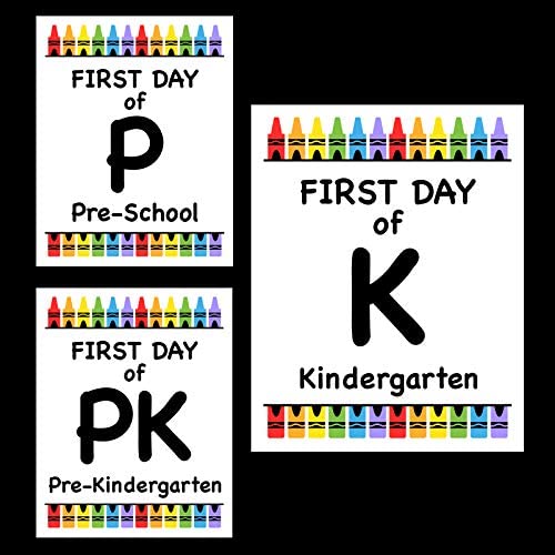 First Day of School Print, 8"x10" Set of 3 Pre-School, Pre-Kindergarten, Kindergarten - Crayon Color Photo Prop for Kids Back to School Sign for Photos, Frame Not Included (8" x 10" Color, Set 1)