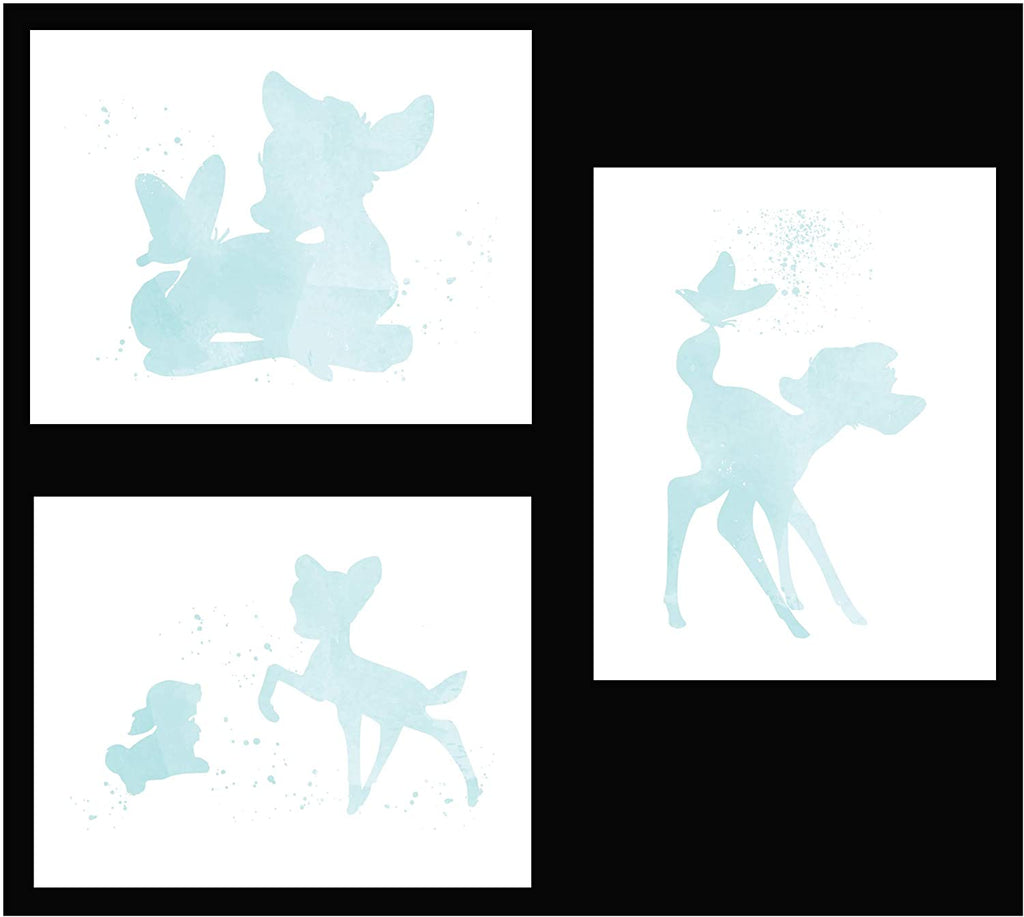 Inspired by Bambi - Set of 3 Beautiful Watercolor Poster Prints are Photo Quality and Made in USA - Disney Bambi and Thumper Nursery Decor - Frame not Included (8x10, Blue)