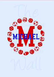 Sports Balls Wall Decal Frame With Custom Name and Initial Decal in Two Colors - Football Baseball Soccer Basketball Varsity Wall Art Decal Wall Sticker 22