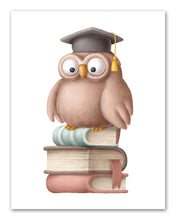 Load image into Gallery viewer, Owl on Book with Graduation Cap Nursery Wall Art Prints Set - Home Decor For Kids, Child, Children, Baby or Toddlers Room - Gift for Newborn Baby Shower | Set of 4 - Unframed- 8x10 Photos