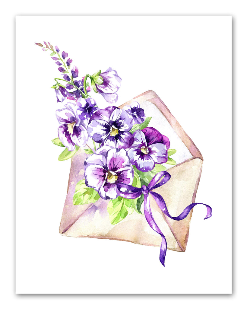 Purple Flower Letter Envelope Wall Art Prints Set - Home Decor For Kids, Child, Children, Baby or Toddlers Room - Gift for Newborn Baby Shower | Set of 3 - Unframed- 8x10 Photos