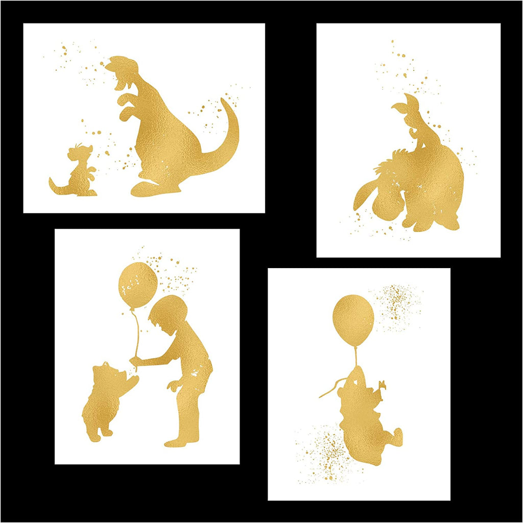 Set of FourGold Prints - Inspired by Winnie the Pooh, Piglet, Tigger and Friendship - Gold Poster Print Photo Quality - Made in USA - Disney Inspired - Home Art Print -Frame not included (8x10, Set 1)
