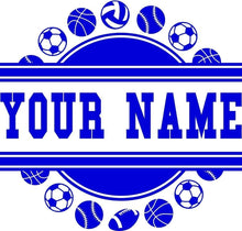 Load image into Gallery viewer, Sports Balls Wall Decal Frame With Custom Name Decal - Football Baseball Soccer Basketball Varsity Wall Art Decal Wall Sticker 22&quot;w x 22&quot;t