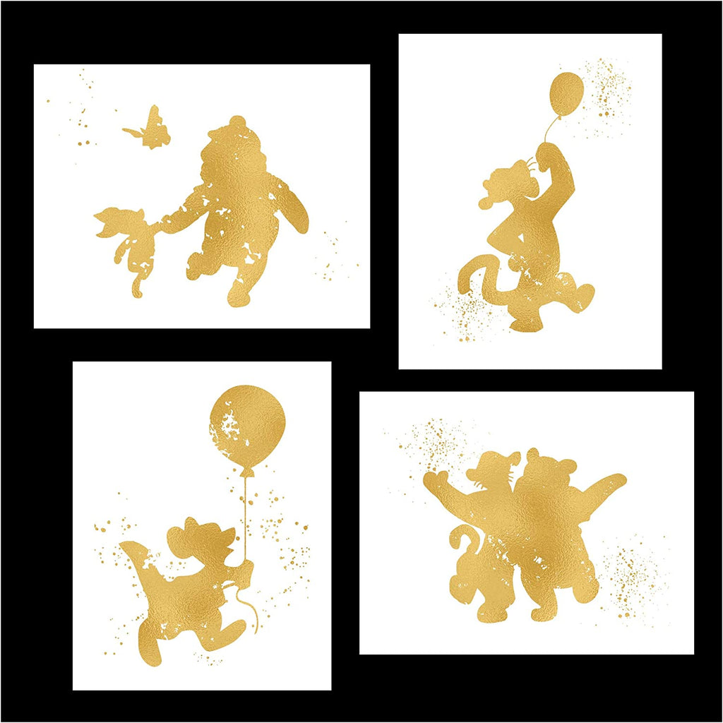 Set of FourGold Prints - Inspired by Winnie the Pooh, Piglet, Tigger and Friendship - Gold Poster Print Photo Quality - Made in USA - Disney Inspired - Home Art Print -Frame not included (8x10, Set 2)