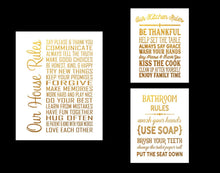 Load image into Gallery viewer, 3 Print Pack House Rules, Bathroom Rules, Kitchen Rules - Beautiful Photo Quality Poster Print - Made in The USA (8&quot; x 10&quot;, 3 Pack 1 Gold)