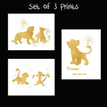 Load image into Gallery viewer, Lion King and Disney Inspired Set of 3 Poster Print Photo Quality - Nursery and Home Decor Made in USA - Frame not Included (8x10, Gold Set 3)