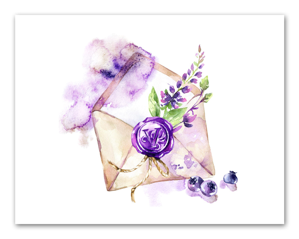 Purple Flower Letter Envelope Wall Art Prints Set - Home Decor For Kids, Child, Children, Baby or Toddlers Room - Gift for Newborn Baby Shower | Set of 3 - Unframed- 8x10 Photos