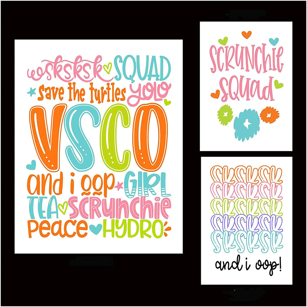 VSCO Girl Wall Art Prints (Set of 3) (1) 8"x10" (2) 5"x7" Unframed Poster for Girls who Like scrunchies, Water Bottles, Turtles, Metal Straws, Tea and sksksk