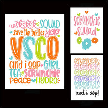 Load image into Gallery viewer, VSCO Girl Wall Art Prints (Set of 3) (1) 8&quot;x10&quot; (2) 5&quot;x7&quot; Unframed Poster for Girls who Like scrunchies, Water Bottles, Turtles, Metal Straws, Tea and sksksk