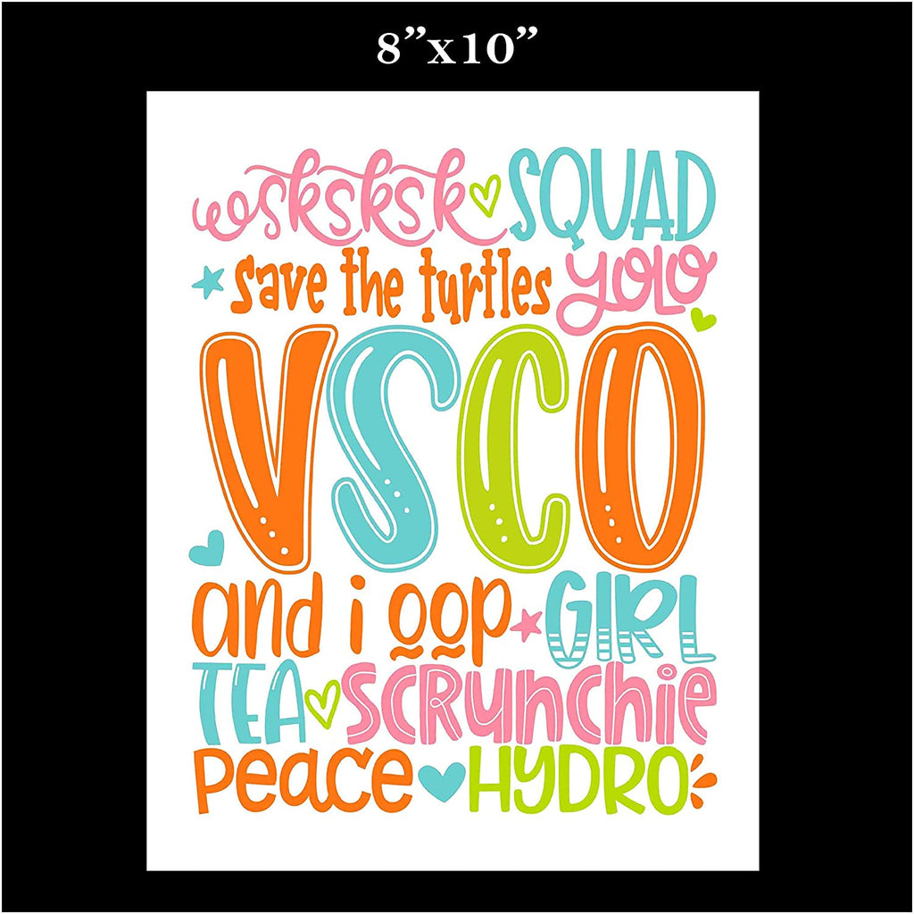 VSCO Girl Wall Art Prints (Set of 3) (1) 8"x10" (2) 5"x7" Unframed Poster for Girls who Like scrunchies, Water Bottles, Turtles, Metal Straws, Tea and sksksk