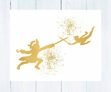 Load image into Gallery viewer, Gold Print Inspired by Peter Pan and Captain Hook - Gold Poster Print Photo Quality - Made in USA - Home Art Print -Frame not Included (8x10, Peter Hook Fight)