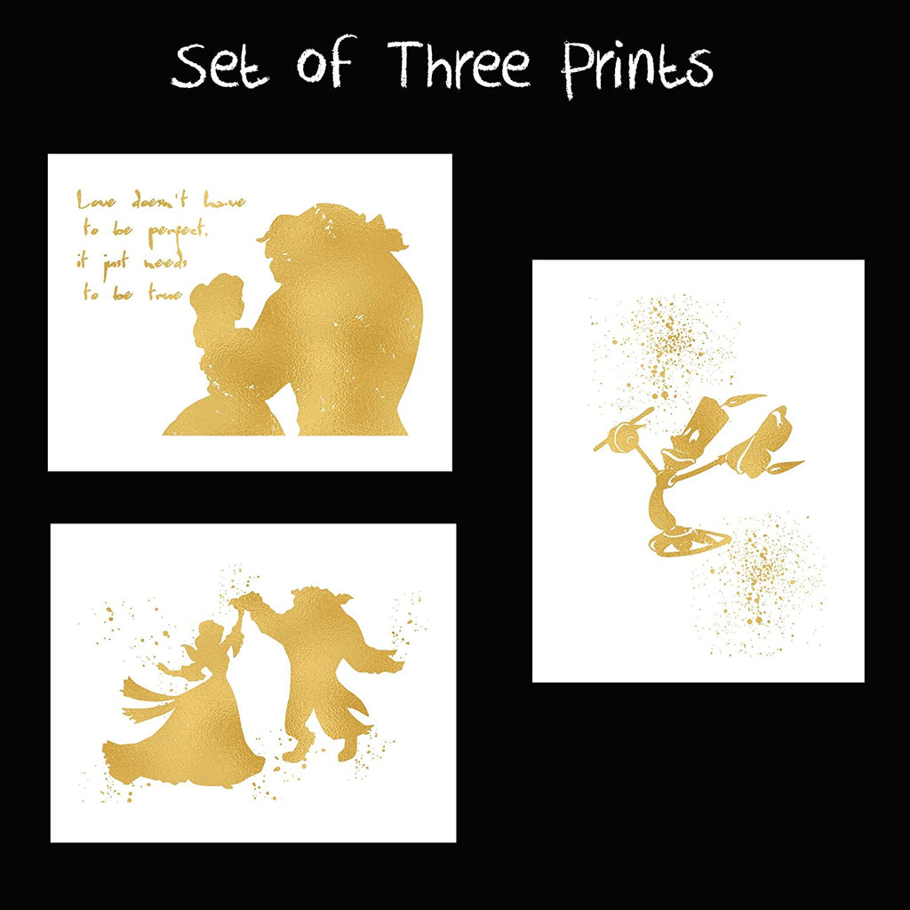 Set of 3 Gold Print Inspired by Beauty and The Beast - Made in USA - Disney Inspired - Home Art Print -Frame not Included (8x10, Gold Set 2)