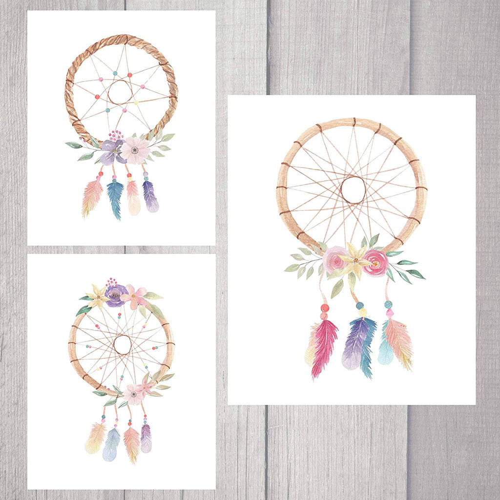 Watercolor Dream Catcher Wall Art Print - (Set of 3) Unframed 8"x10" Poster Indian Feathers and Flowers Home Decor
