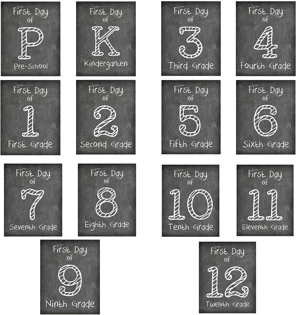 First Day of School Print, Complete Set of 14 Reusable Chalkboard Photo Prop for Kids Back to School Sign for Photos, Frame Not Included (8x10, Complete Set - 1)