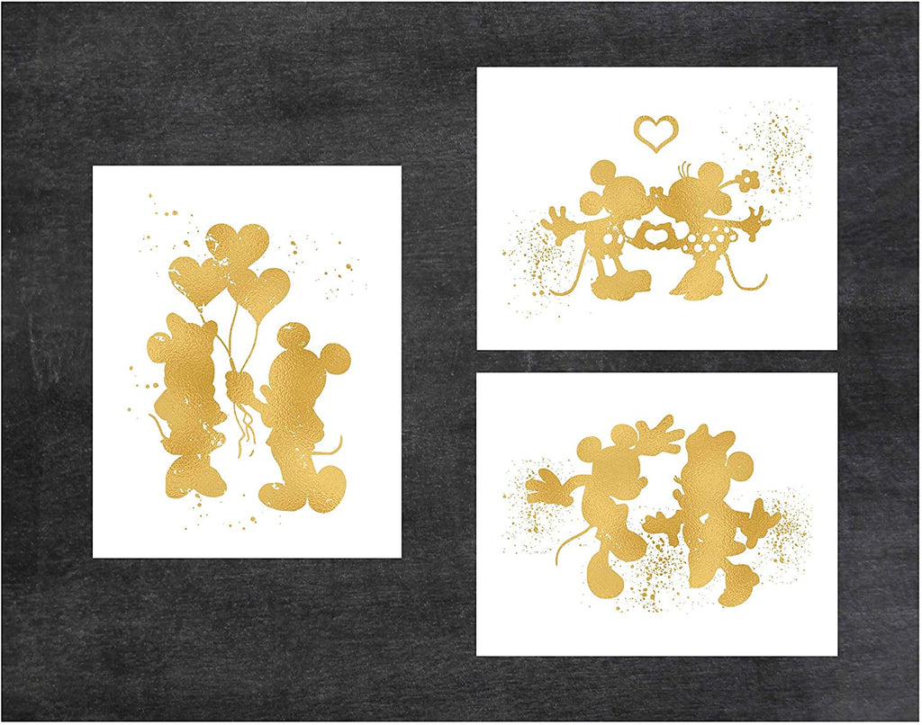 Set of 3 11"x14" Print Inspired by Mickey and Minnie Mouse - Gold Poster - Disney Inspired - Home Art -Frame not Included (11x14, 3 Pack Mickey & Minnie)