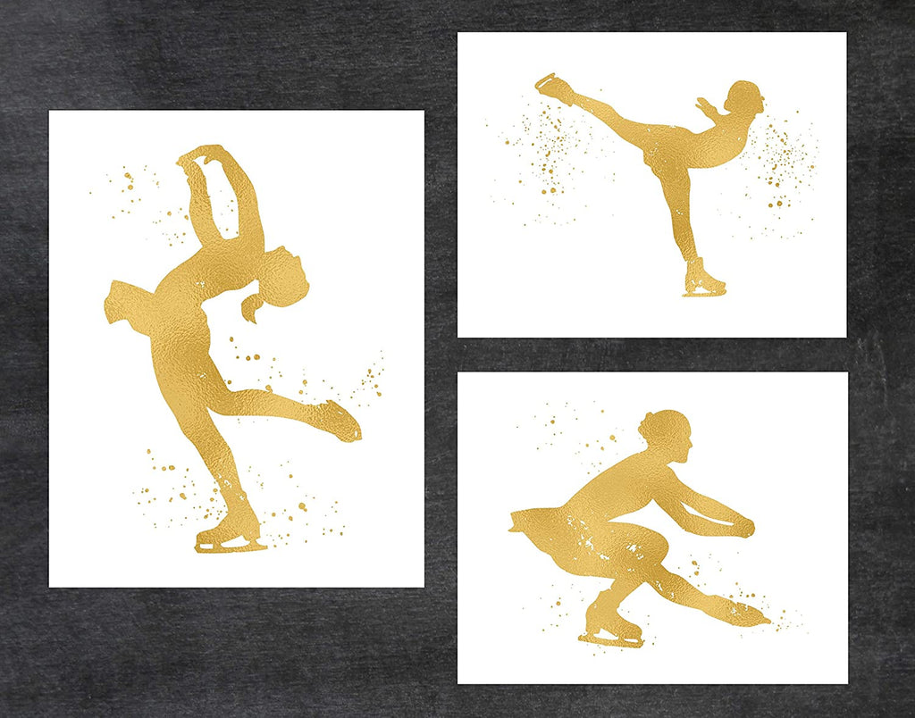 Figure Skating - 3 Pack of Gold Poster Print Photo Quality - Made in USA - Ice Skating, Olympics, Ice Dancing, Ice Skater, Figure Skater, Frame not included (8x10, Ice Skater 3 Pack - Gold)