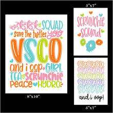 Load image into Gallery viewer, VSCO Girl Wall Art Prints (Set of 3) (1) 8&quot;x10&quot; (2) 5&quot;x7&quot; Unframed Poster for Girls who Like scrunchies, Water Bottles, Turtles, Metal Straws, Tea and sksksk