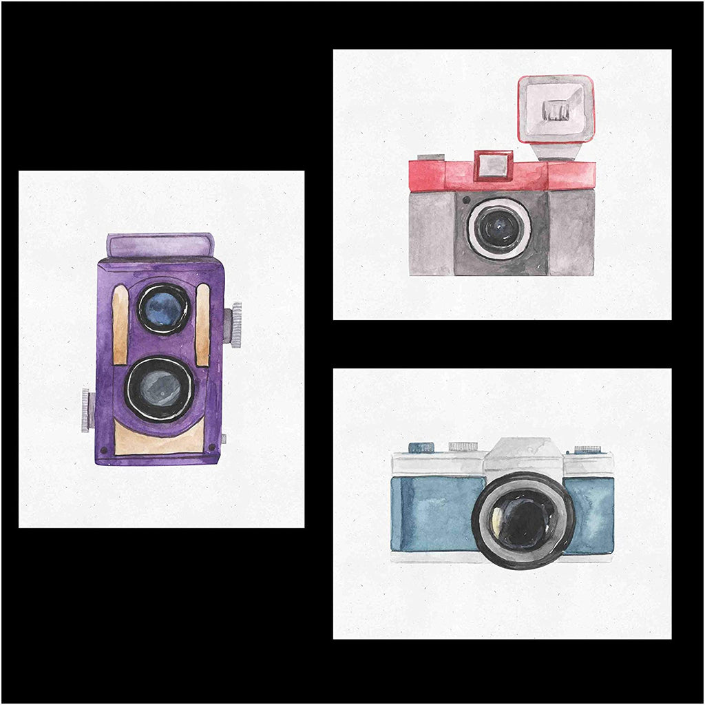 Retro Vintage Watercolor Camera Wall Art Prints (Set of 3) 8"x10" Unframed Poster for Photographers