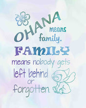 Load image into Gallery viewer, Ohana Means Family - Inspired by Lilo and Stitch - Watercolored Poster Print Photo Quality - Made in USA - Disney Inspired - Home Art Print -Frame not included (8x10, Ohana Watercolor)