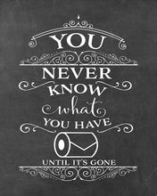 Load image into Gallery viewer, You Never Know What You Have Until It&#39;s Gone! Change The Toilet Paper - Chalkboard Poster Print, Bathroom Humor, Made in The USA, Frame NOT Included (8&quot; x 10&quot;, Change World)