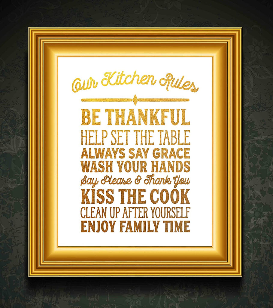 Kitchen Rules - Beautiful Photo Quality Poster Print - Decorate your home with these beautiful prints for kitchen, bath, family room, housewarming gift Made in the USA (8" x 10", Kitchen Rules Gold)