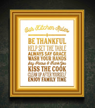 Load image into Gallery viewer, Kitchen Rules - Beautiful Photo Quality Poster Print - Decorate your home with these beautiful prints for kitchen, bath, family room, housewarming gift Made in the USA (8&quot; x 10&quot;, Kitchen Rules Gold)