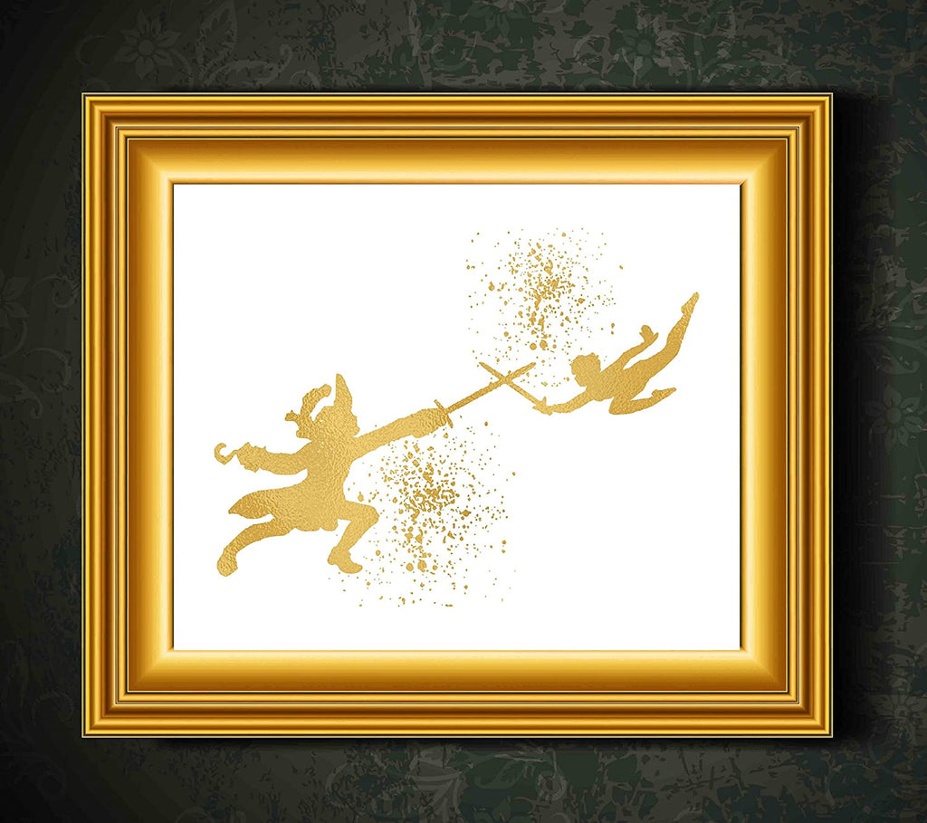Gold Print Inspired by Peter Pan and Captain Hook - Gold Poster Print Photo Quality - Made in USA - Home Art Print -Frame not Included (8x10, Peter Hook Fight)