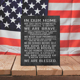 Military Family Wall Poster Print - in Our Home - House Rules - Army, Navy, Marines, Air Force - Patriotic - 4th of July - Frame NOT Included (8x10, Chalk)