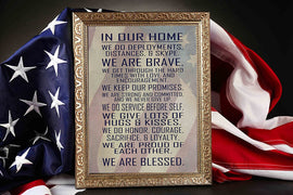 Military Family Wall Poster Print - in Our Home - House Rules - Army, Navy, Marines, Air Force - Patriotic - 4th of July - Frame NOT Included (8x10, Flag)