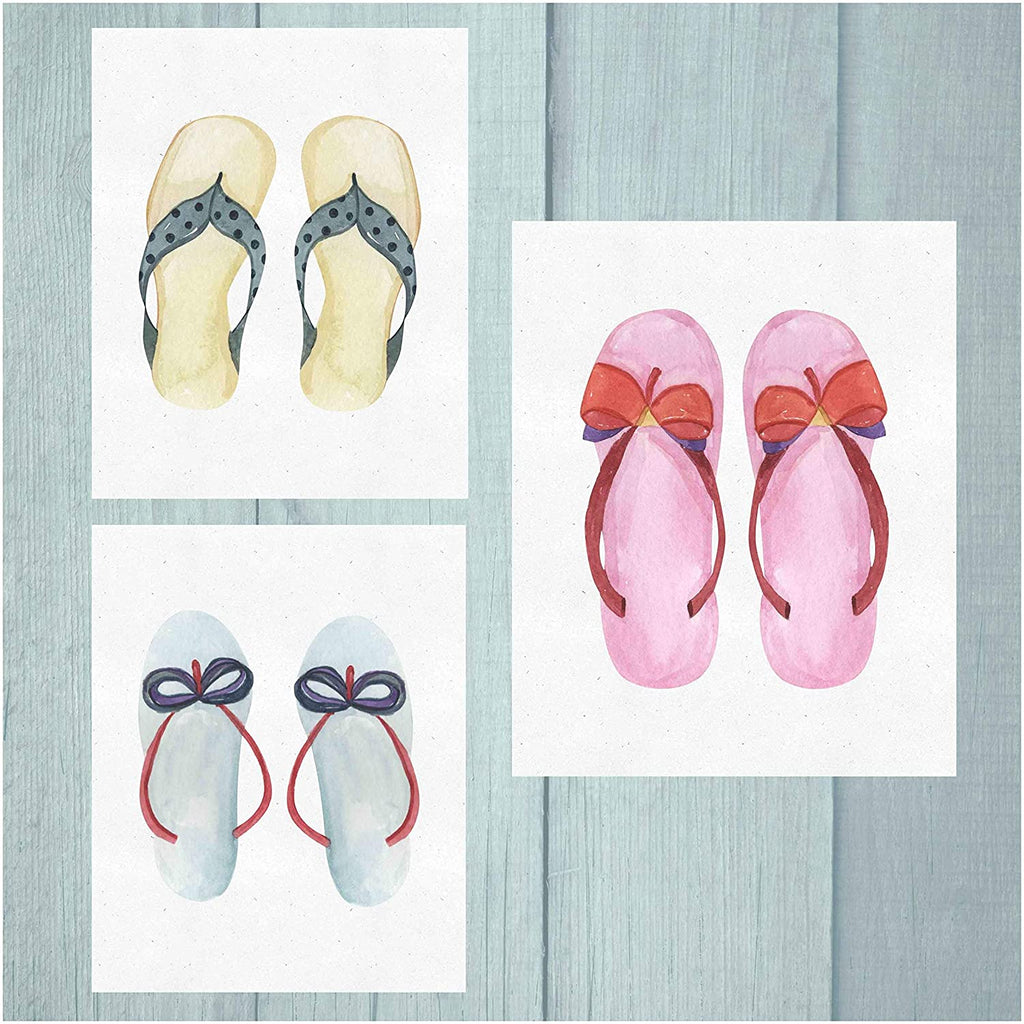Watercolor flip Flop Wall Art Prints (Set of 3) Unframed 8" x 10" Poster Prints- Beautiful Addition to Beach or Lake House Decor (Flip Flops)