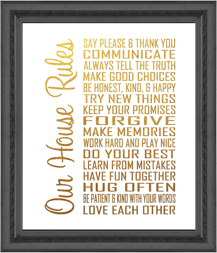 Our House Rules - Beautiful Photo Quality Poster Print - Decorate your home with these beautiful prints for kitchen, bath, family room, housewarming gift Made in the USA (8" x 10", Our House Gold)