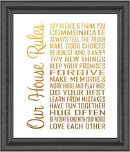 Load image into Gallery viewer, Our House Rules - Beautiful Photo Quality Poster Print - Decorate your home with these beautiful prints for kitchen, bath, family room, housewarming gift Made in the USA (8&quot; x 10&quot;, Our House Gold)