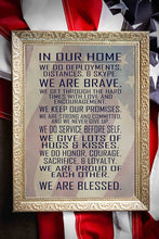 Load image into Gallery viewer, Military Family Wall Poster Print - in Our Home - House Rules - Army, Navy, Marines, Air Force - Patriotic - 4th of July - Frame NOT Included (8x10, Flag)
