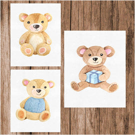 Teddy Bear Watercolor Nursery Wall Art Print (Set of 3) - Unframed 8