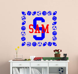 Sports Balls Wall Decal Frame With Custom Name and Initial Decal in Two Colors - Football Baseball Soccer Basketball Varsity Wall Art Decal Wall Sticker 22