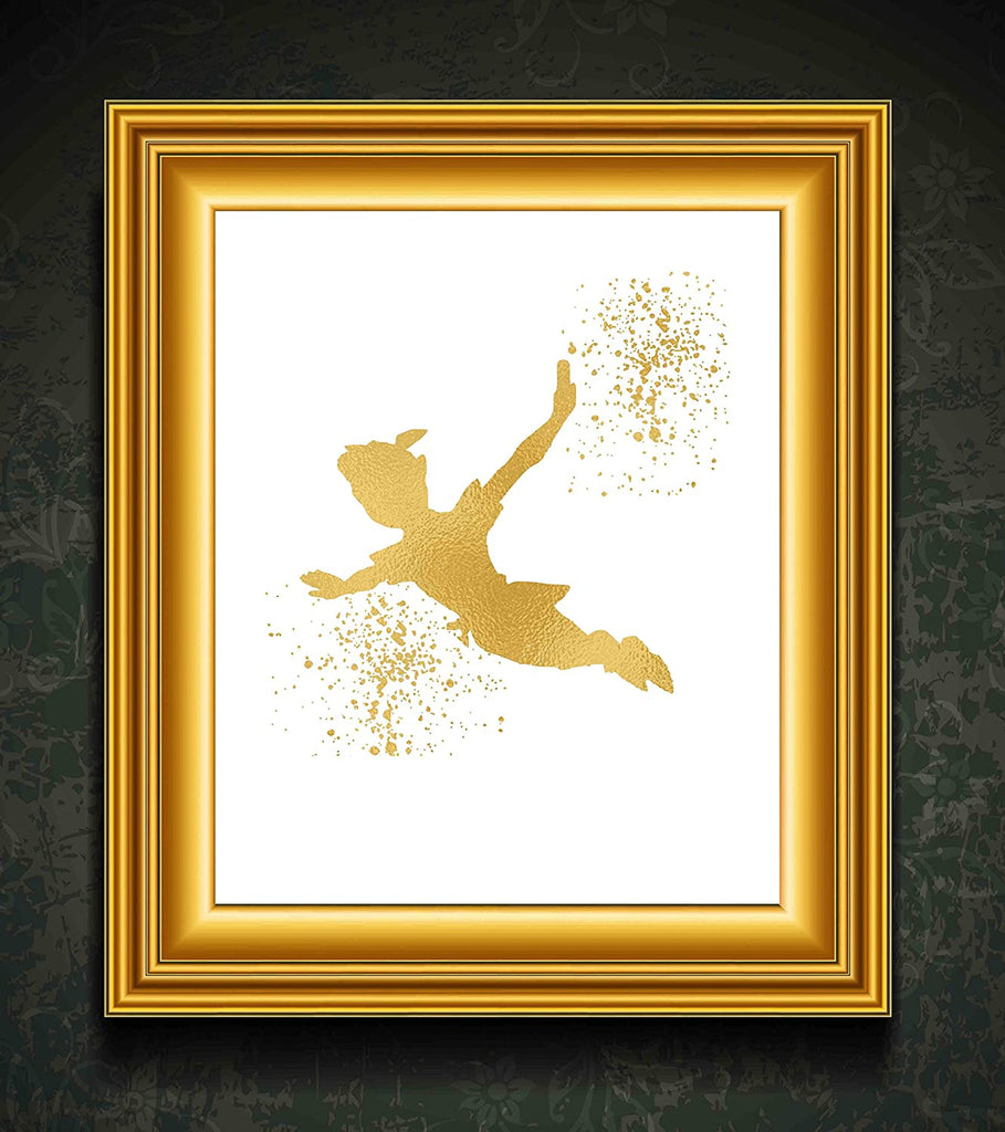 Gold Print Inspired by Peter Pan Flying - Gold Poster Print Photo Quality - Made in USA - Home Art Print -Frame not Included (8x10, Peter Flies)