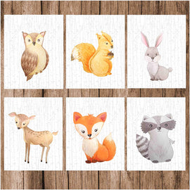 Watercolor Woodland Forest Animals Nursery Wall Art Prints with Birch Tree Background (Set of 6) Unframed 8