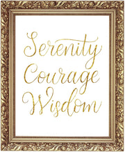 Load image into Gallery viewer, Serenity Courage Wisdom Poster Print Photo Quality - Inspirational Wall Art for Alcoholics Anonymous, AA, Narcotics Anonymous, NA - Made in USA (16x20, Gold)