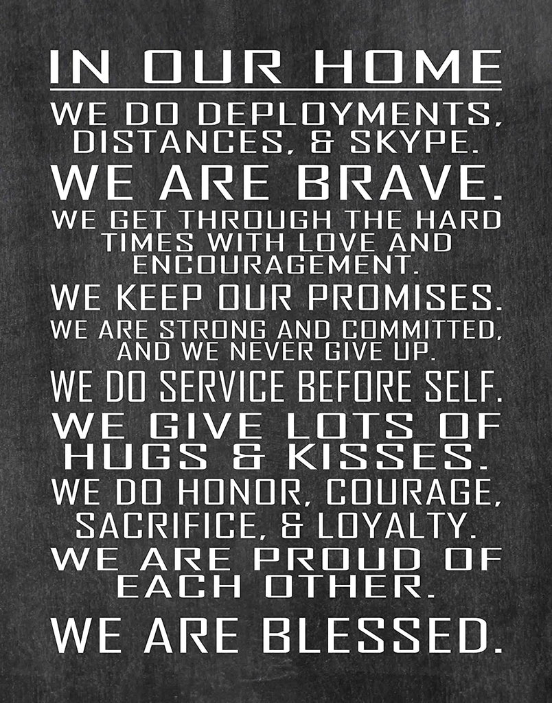 Military Family Wall Poster Print - in Our Home - House Rules - Army, Navy, Marines, Air Force - Patriotic - 4th of July (16" x 20, Chalk)