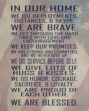 Load image into Gallery viewer, Military Family Wall Poster Print - in Our Home - House Rules - Army, Navy, Marines, Air Force - Patriotic - 4th of July - Frame Not Included (11&quot; x 14&quot;, Flag)