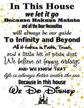 Load image into Gallery viewer, in This House We Do Disney - Poster Print Photo Quality - Made in USA - Disney Family House Rules - Frame not Included (16x20, White with Stars Background)