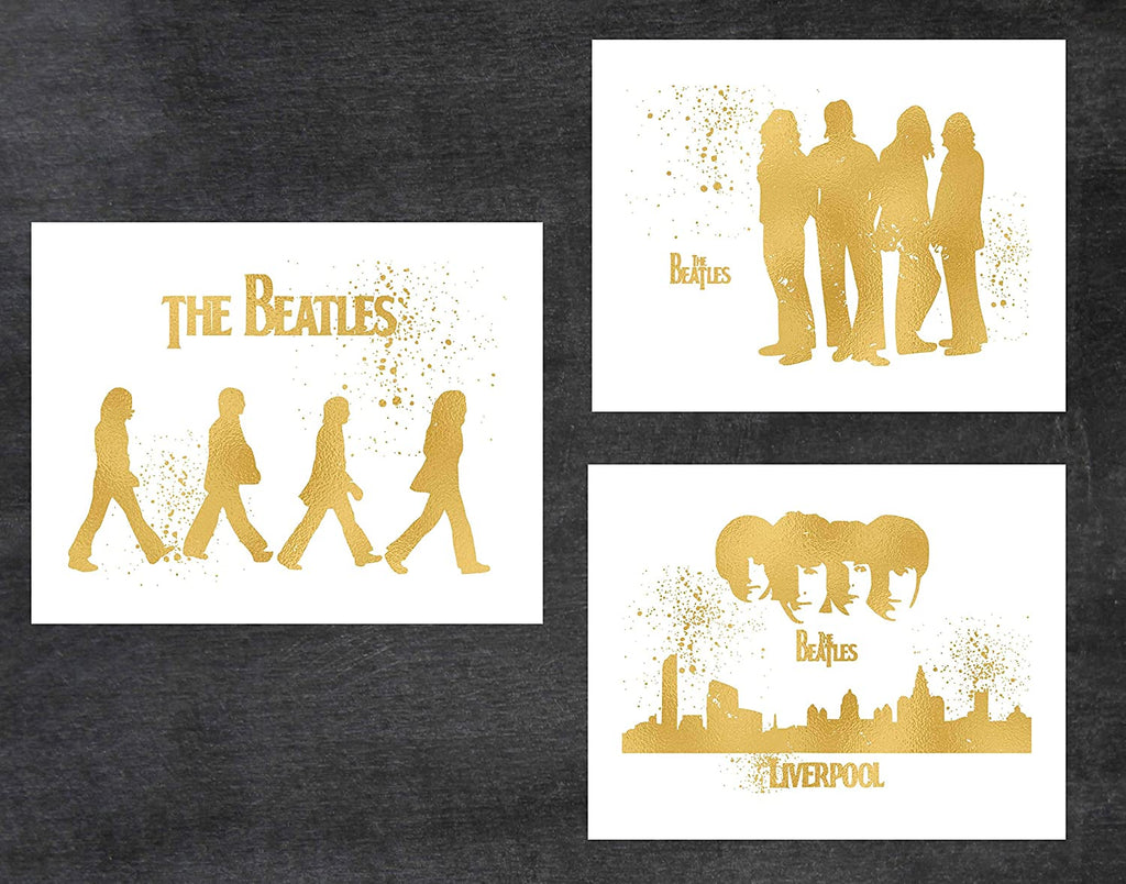 Inspired by The Beatles - Set of 3 Gold Prints - Poster Print Photo Quality - Made in USA - John Lennon, Paul McCartney, George Harrison and Ringo Starr -Frame not included (8x10, Beatles 3 Pack Gold)