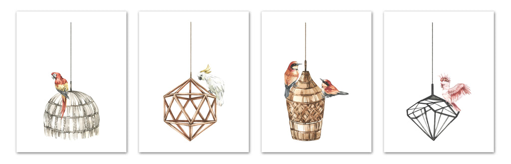 Hanging Bird Cage Wall Art Prints Set - Ideal Gift For Family Room Kitchen Play Room Wall Décor Birthday Wedding Anniversary | Set of 4 - Unframed- 8x10 Photos