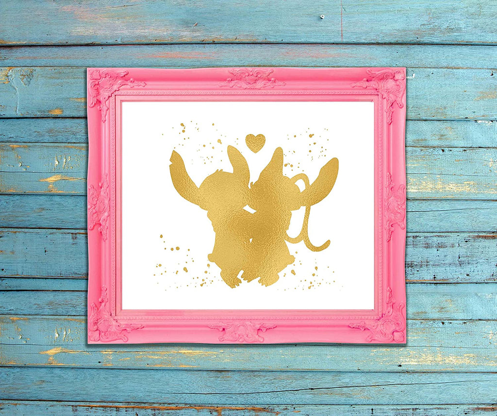 Lilo and Stitch - Ohana Means Family - Gold Print Inspired by Lilo and Stitch - Poster Print Photo Quality - Made in USA - Disney Inspired - Home Art Print -Frame not included (8x10, StitchAngel)
