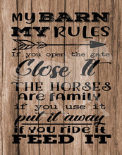 Load image into Gallery viewer, My Barn Rules Horse lovers and equestrian poster prints - Decorate your home, office or barn. Reclaimed wood background will compliment decor. Frame NOT included (11x14, Barn Rules (One Print))