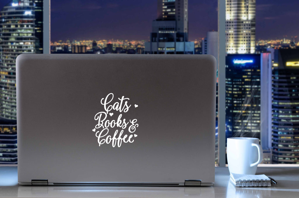 Cats Books and Coffee | 5.2" x 4.4" Vinyl Sticker | Peel and Stick Inspirational Motivational Quotes Stickers Gift | Decal for Animals Cat Lovers