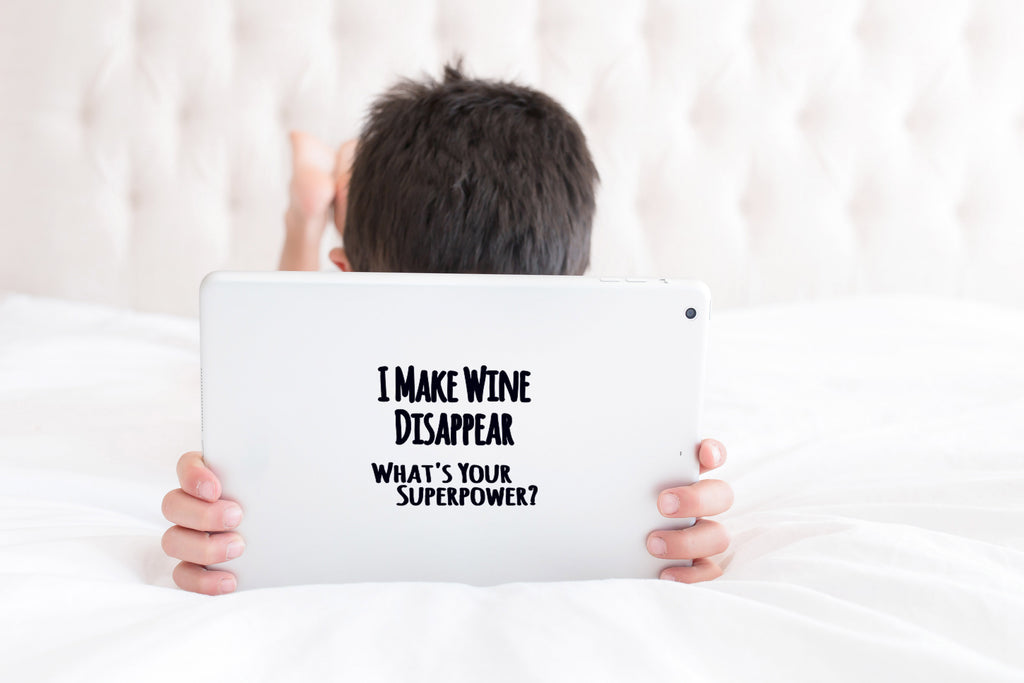 "I Make Wine Disappear What's Your Superpower? Removable Vinyl Stickers [5.2" x 4.4"] Vinyl Decal for Book, Laptop, Car, Wall Décor USA Made Gift for Wine, Beer, Coffee, Tea Lovers