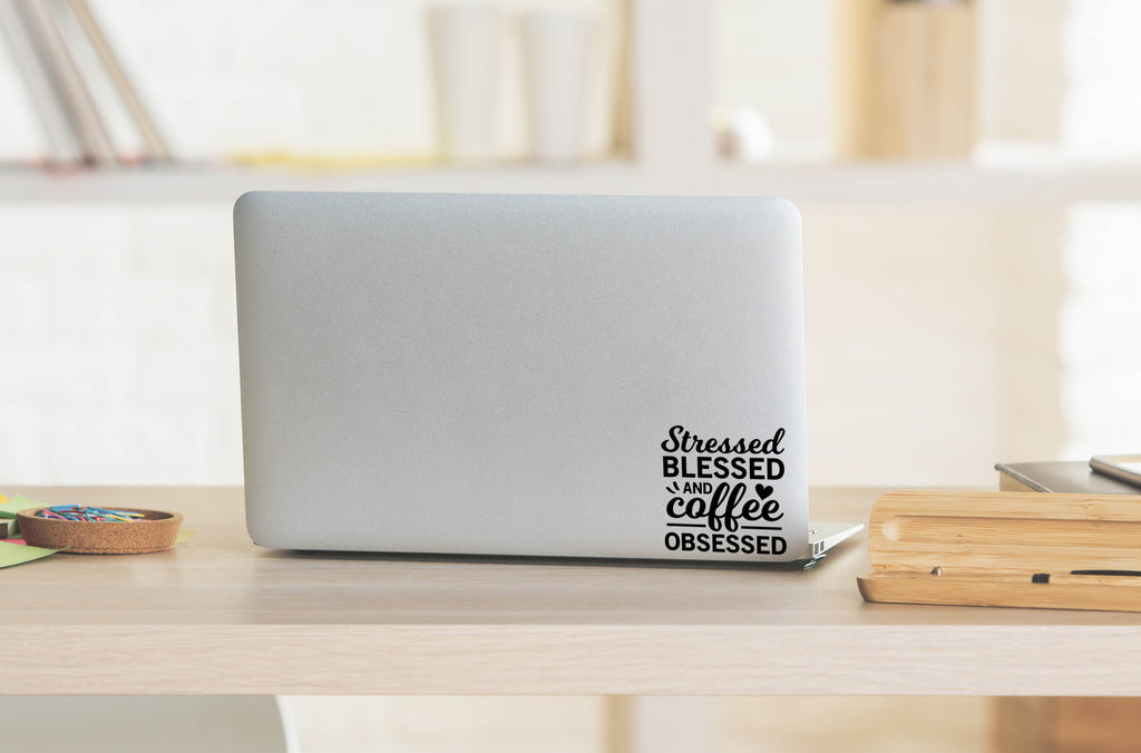 Stressed Blessed and Coffee Obesessed | 4.4" x 4.5" Vinyl Sticker | Peel and Stick Inspirational Motivational Quotes Stickers Gift | Decal for Wine, Beer, Coffee, Tea Coffee Lovers