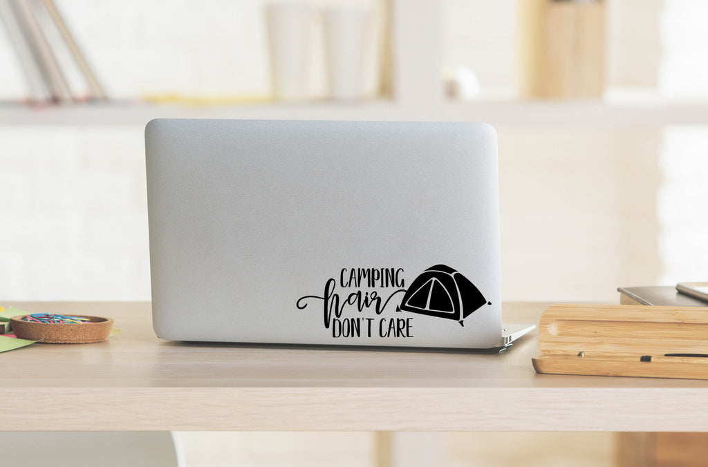 Camping Hair Don't Care | 7.9" x 3" Vinyl Sticker | Peel and Stick Inspirational Motivational Quotes Stickers Gift | Decal for Outdoors/Nature Camping Lovers